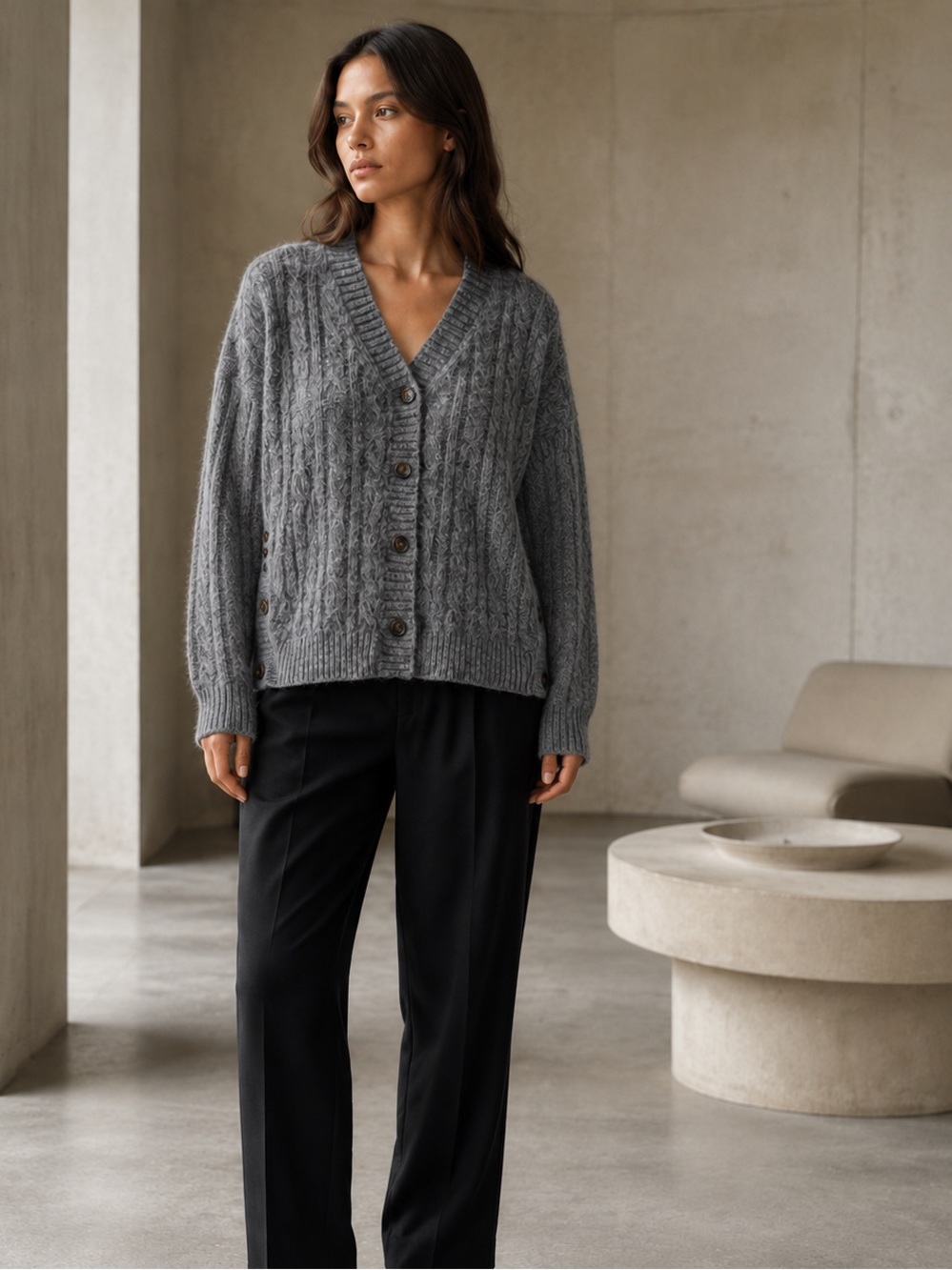 Modern Citizen Women’s XS Hikari Gray Asymmetric Cable Knit Cardigan Oversized
